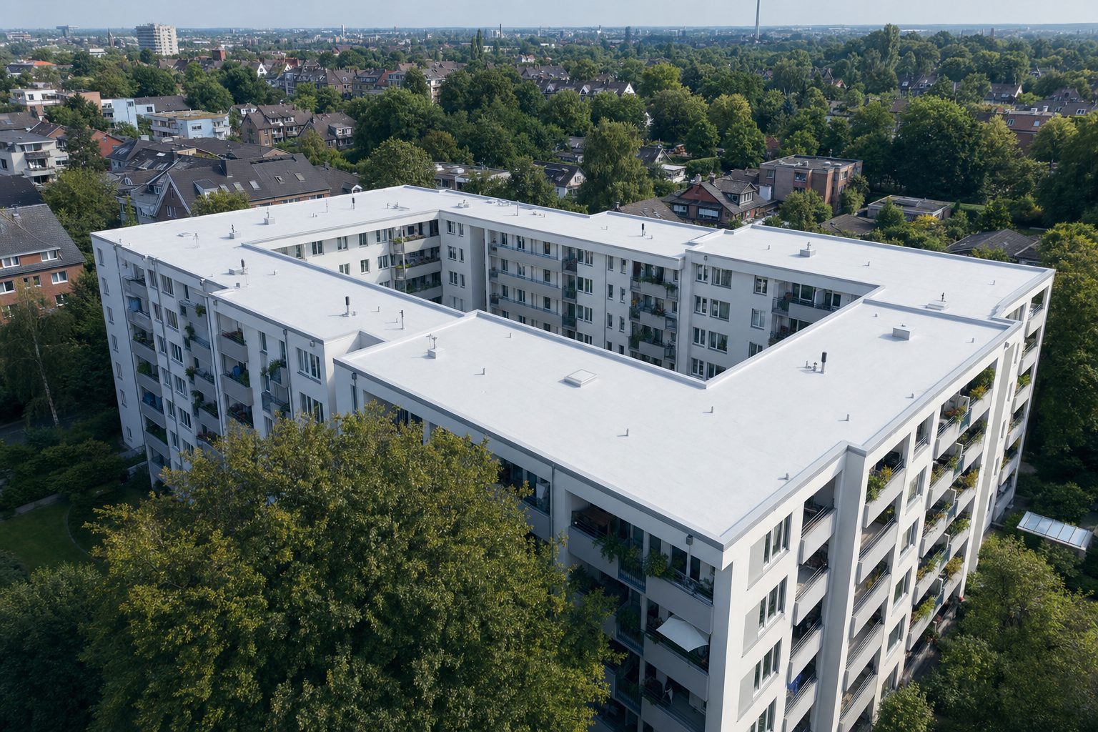 Große Wohnanlage einer WEG in Hamburg-Wandsbek mit komplett neu abgedichtetem Flachdach