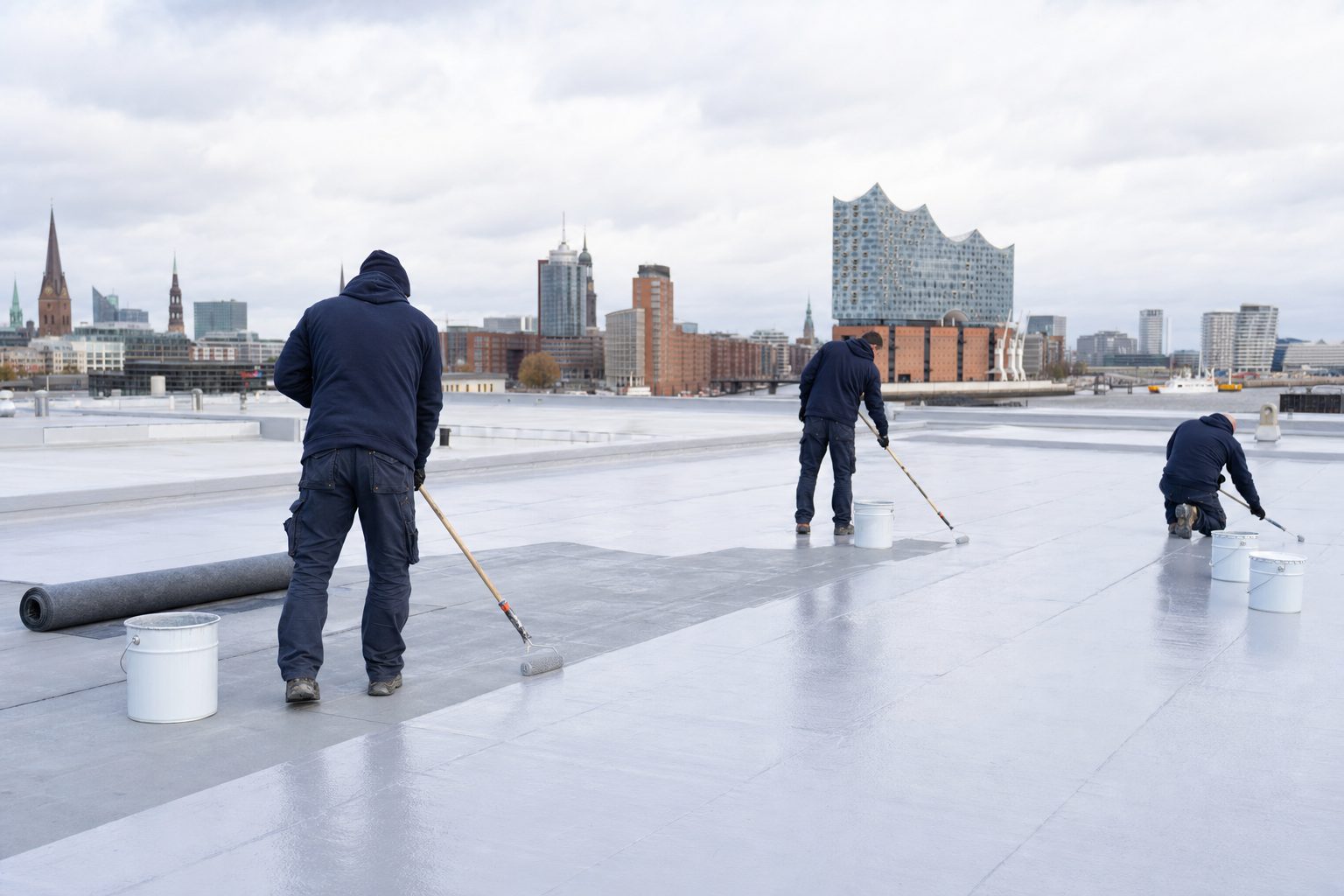 Unser Team bei der Sanierung eines Flachdachs in Hamburg mit Blick auf die Elbphilharmonie — Auftrag der Flüssigkunststoff-Abdichtung